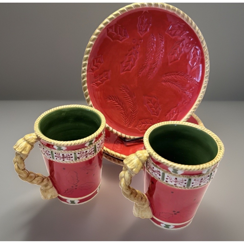 VTG Studio Nova Woodland Holly Mugs Plates Set 2 Cups 3 Dessert Western Red 90s
